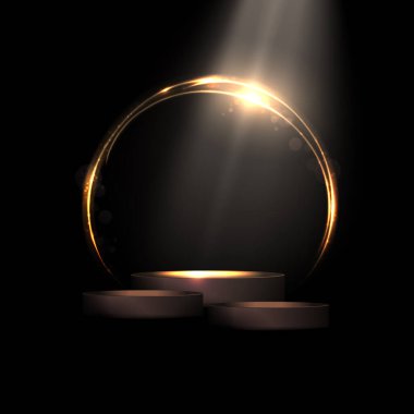 Round podium and abstract gold glitter frame on black design.