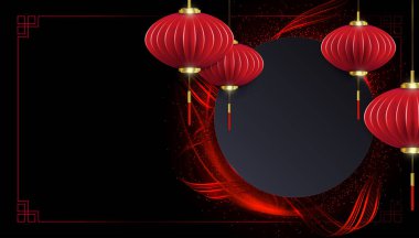 Kağıt sanatı kolyelerinde Asya fenerleri, siyah arkaplanda dalgalı desenler.