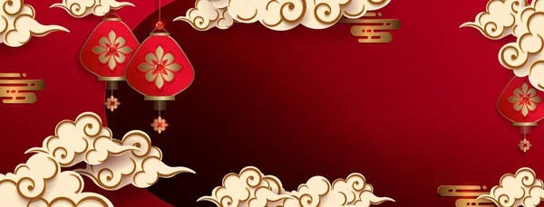 Red Design Asian Pattern Lanterns Clouds Paper Art Style — Vetor de Stock