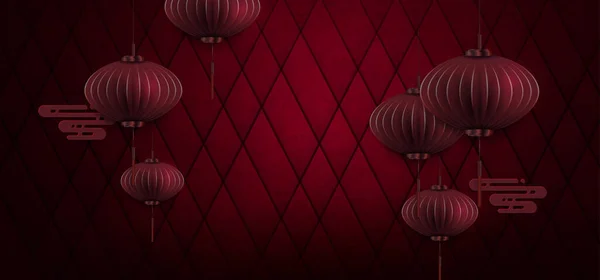 Texture Burgundy Illustration Air Lanterns Paper Art Style — Vetor de Stock