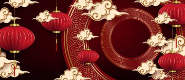 Red dark pattern with a round frame, lanterns in the style of paper art.