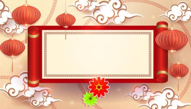 Beige background with a rectangular frame, hanging lanterns, clouds in the style of paper art.