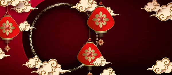 Composition Asian Lanterns Clouds Paper Art Style Gold Frame — 图库矢量图片