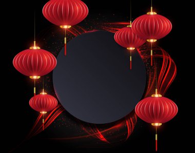 Round frame with red air lanterns in paper art style.