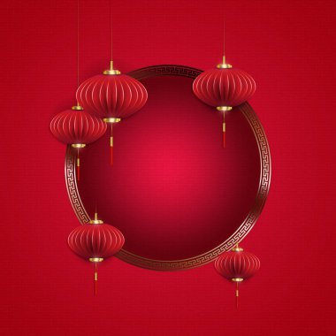 Red composition with a round frame, lanterns on pendants in the style of paper art.