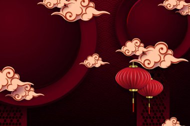 Pattern with Asian lanterns on pendants and clouds paper art style.