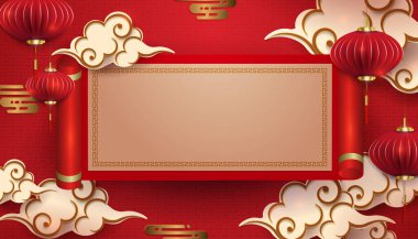 Red composition with a rectangular frame, air lanterns and clouds in the style of paper art.