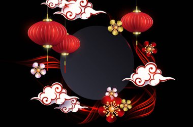 Round frame on a black background, flowers and lanterns in the style of paper art.