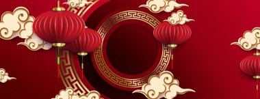 Composition with a round frame with a pattern, Asian lanterns and clouds in the style of paper art.