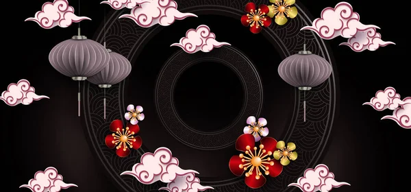 Frame Black Design Paper Art Style Flowers Lanterns — Stockový vektor