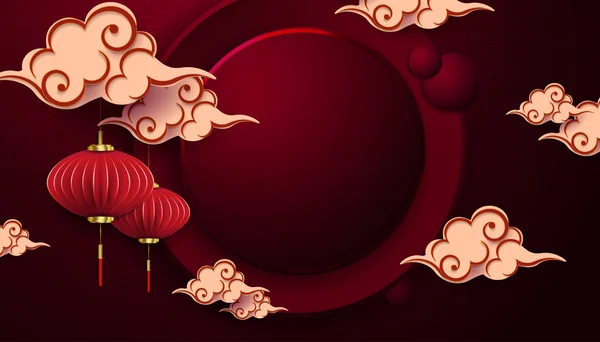 Red Illustration Asian Lanterns Pendants Clouds Paper Art Style — Wektor stockowy