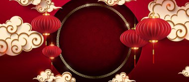 Illustration with round frame,clouds and red air lanterns in paper art style.