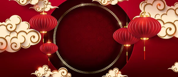 Illustration with round frame,clouds and red air lanterns in paper art style.
