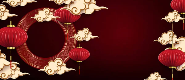 Red Dark Pattern Frame Asian Lanterns Paper Art Style — Stockvektor