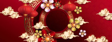 Illustration with round golden frame, flowers and air lanterns in paper art style.