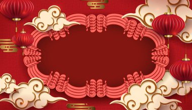 Design with an oval frame with a wavy border, air lanterns and clouds in the style of paper art.