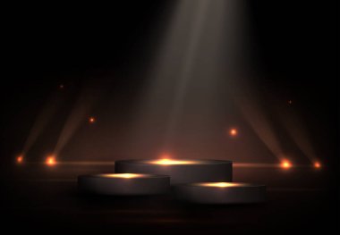 Round podium with bright lanterns and a beam of light on a black design.