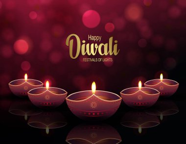 Design with red mosaic. Diwali day lamps. Indian festival of lights of goddess Deepavali.