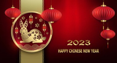 Happy Chinese New Year 2023, red greeting card with a rabbit in a round frame.