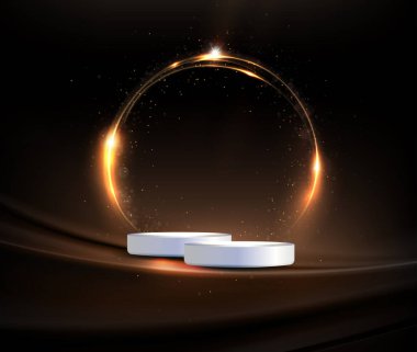 White podium and abstract frame in golden color with bright glitter on a black background.