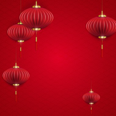 Air lanterns in paper art style on a red design with a pattern.