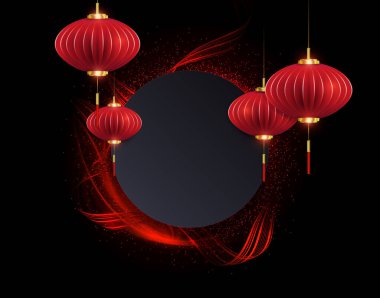 Yuvarlak bir çerçeve, kırmızı hava fenerleri kağıt sanatı tarzında..