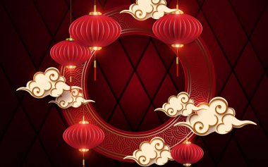 Yuvarlak çerçeveli Burgundy kartpostal, hava fenerleri ve kağıt sanatı tarzında bulutlar.