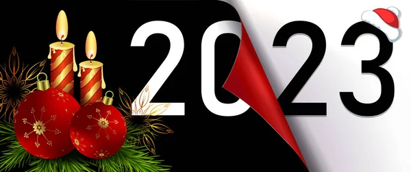 Felice Anno Nuovo 2023 Composizione Natalizia Con Ramo Abete Candele — Vettoriale Stock