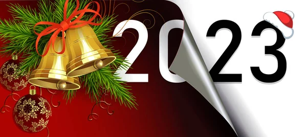 喜庆的新年2023年 圣诞作文折叠着红黑相间的叶子 金色的铃铛 — 图库矢量图片