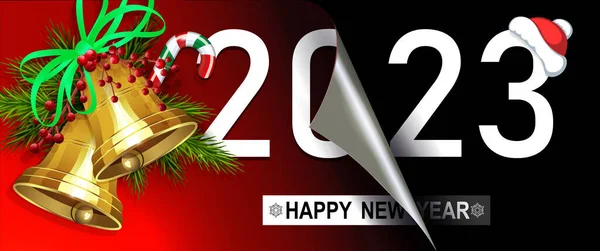 Feliz Ano Novo 2023 Sinos Dourados Brilhantes Composição Natal Com — Vetor de Stock