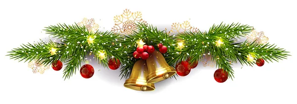 Weihnachtsgirlanden Goldglänzende Glocken Tannenzweig Isoliertes Gestaltungselement — Stockvektor