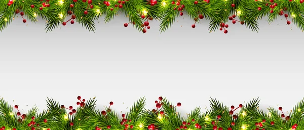Kerstslinger Kerstboomtak Rode Bessen Met Glanzende Sterren — Stockvector