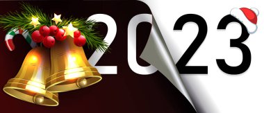 Mutlu yıllar 2023, noel kompozisyonu, siyah beyaz yaprak, altın çanlar.