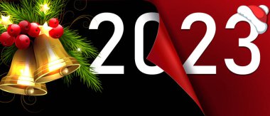 Mutlu yıllar, Noel kompozisyonu köknar dalı ve altın çanlar.