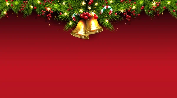 Weihnachtsgirlanden Glocken Mit Tannenzweigen Auf Rotem Hintergrund — Stockvektor
