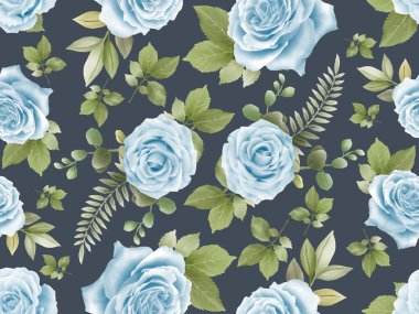Hand drawing blue roses seamless pattern