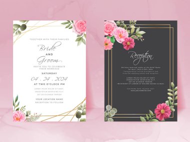  Wedding invitation card with beautiful flowers and leaves