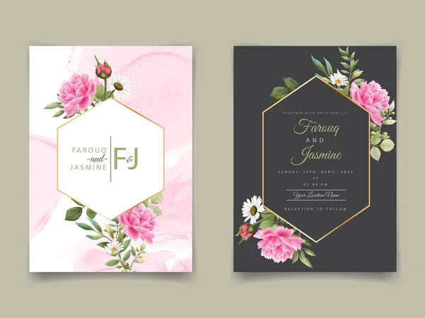 Beautiful Pink Rose White Daisy Wedding Invitation Template — 图库矢量图片