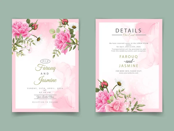 Beautiful Pink Rose White Daisy Wedding Invitation Template — 스톡 벡터