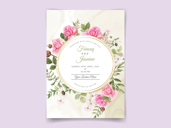 Beautiful Pink Rose White Daisy Wedding Invitation Template — Stock Vector