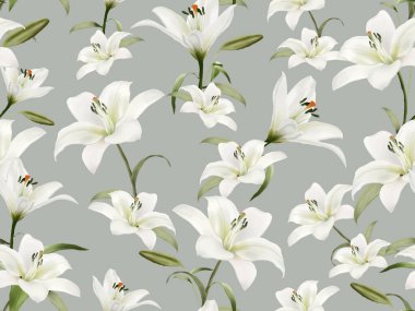 Beautiful hand drawn white lily seamless pattern
