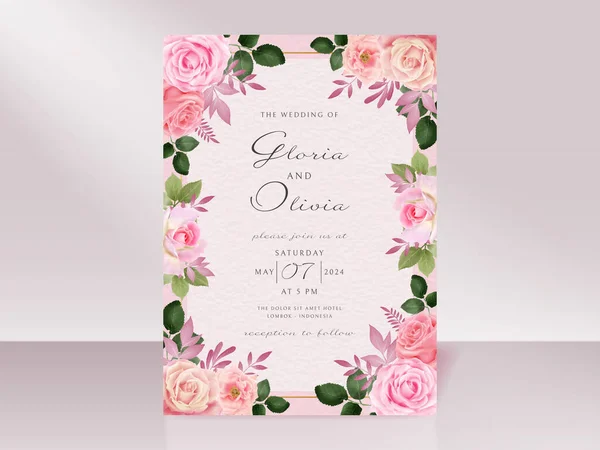 Wedding Invitation Card Beautiful Hand Drawn Pink Rose — Stockvektor