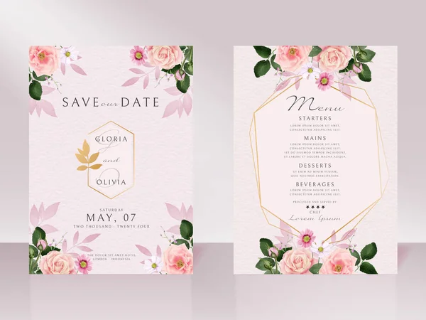 Wedding invitation card with beautiful hand drawn pink rose