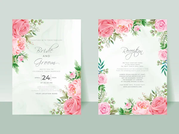 Pink Roses Wedding Invitation Card Set — Wektor stockowy