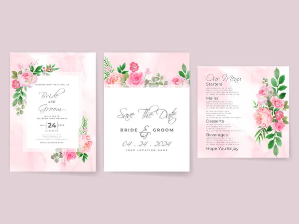 Wedding Invitation Card Set Pink Roses Design — Stock vektor