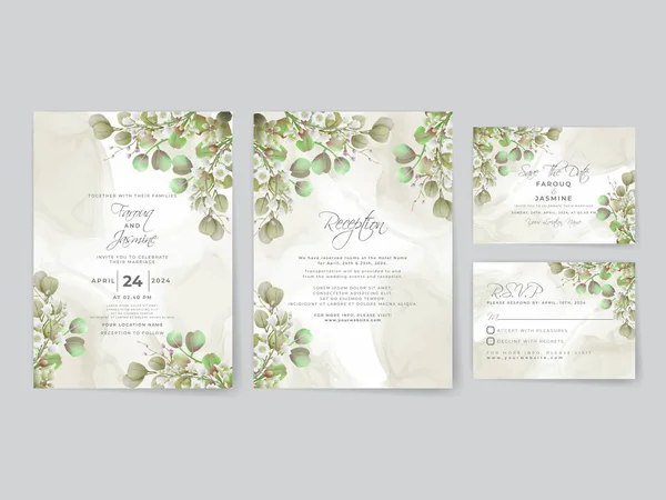 Wedding Invitation Card Set Greenery Leaves Design — Wektor stockowy