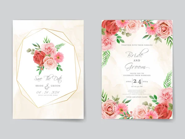 Romantic Red Roses Wedding Invitation Card Template — 图库矢量图片