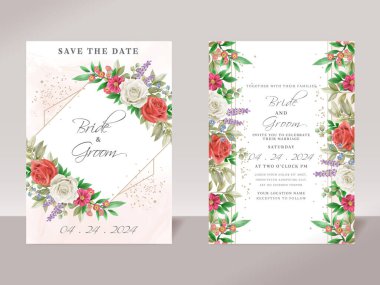 Floral wedding invitation template set with elegant white and red roses design