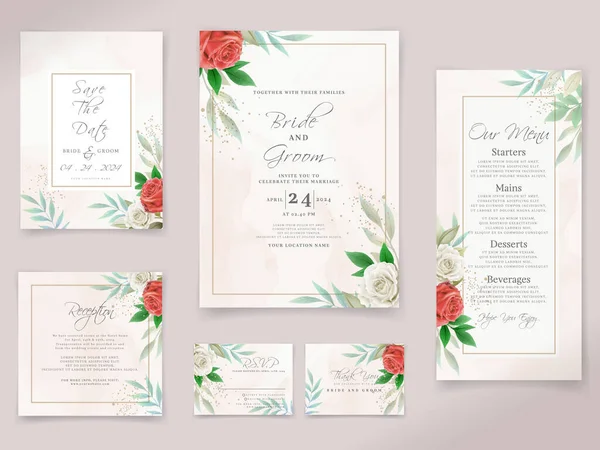 Floral wedding invitation template set with elegant white and red roses design
