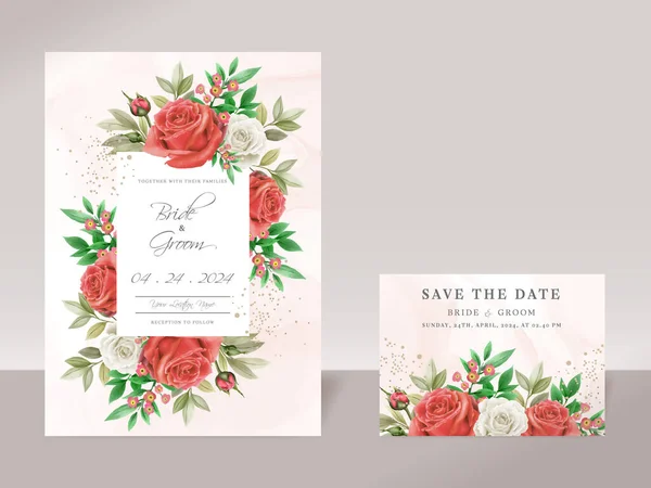 Floral wedding invitation template set with elegant white and red roses design